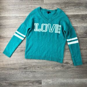 t/o Vintage Teal V-Neck Sweater with Love Design